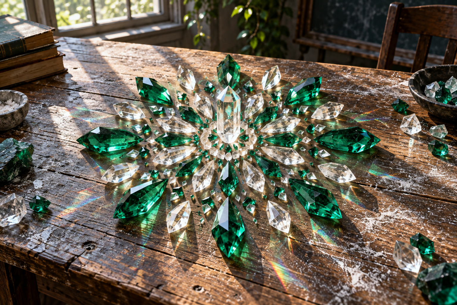 Polished crystals arranged in a symmetric pattern on a chalk-dusted wooden table in bright daylight.