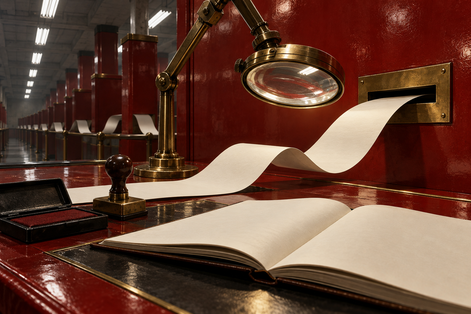 A magnifying inspection lamp hangs over a ribbon of blank paper slips feeding through a slot in a wall at a customs counter.