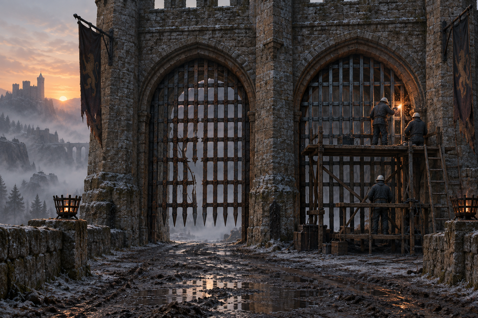 Workers on scaffolding reinforce one of two iron portcullises at a stone gatehouse at dawn.