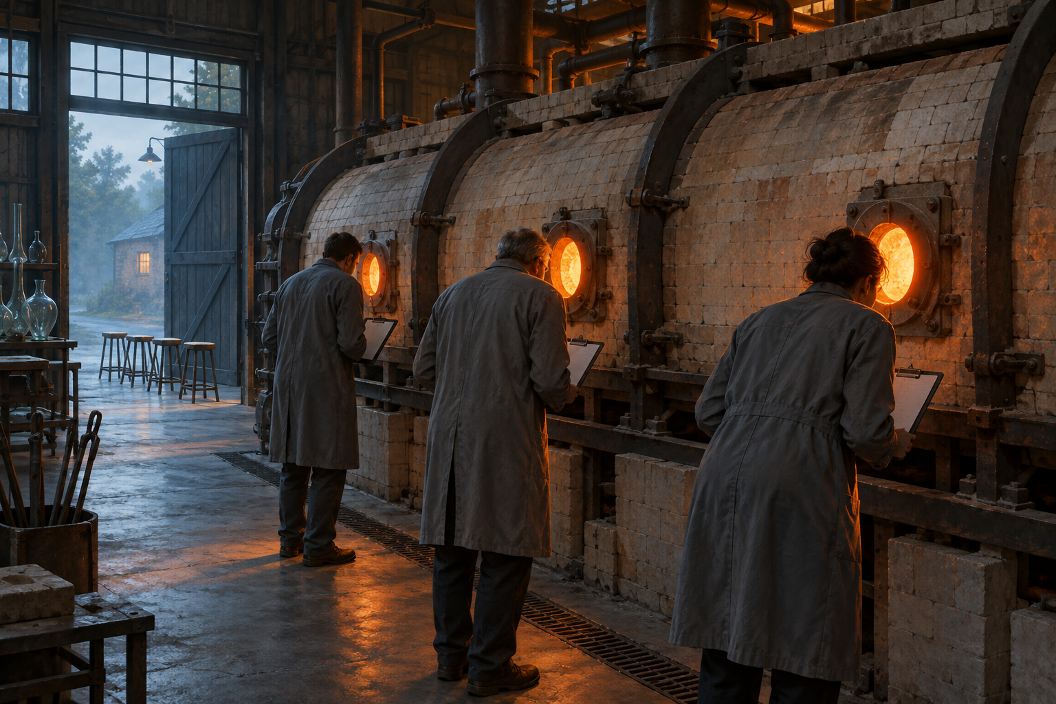 Observers seen from behind peer through inspection portholes into a glowing kiln while empty stools wait by a half-open door.