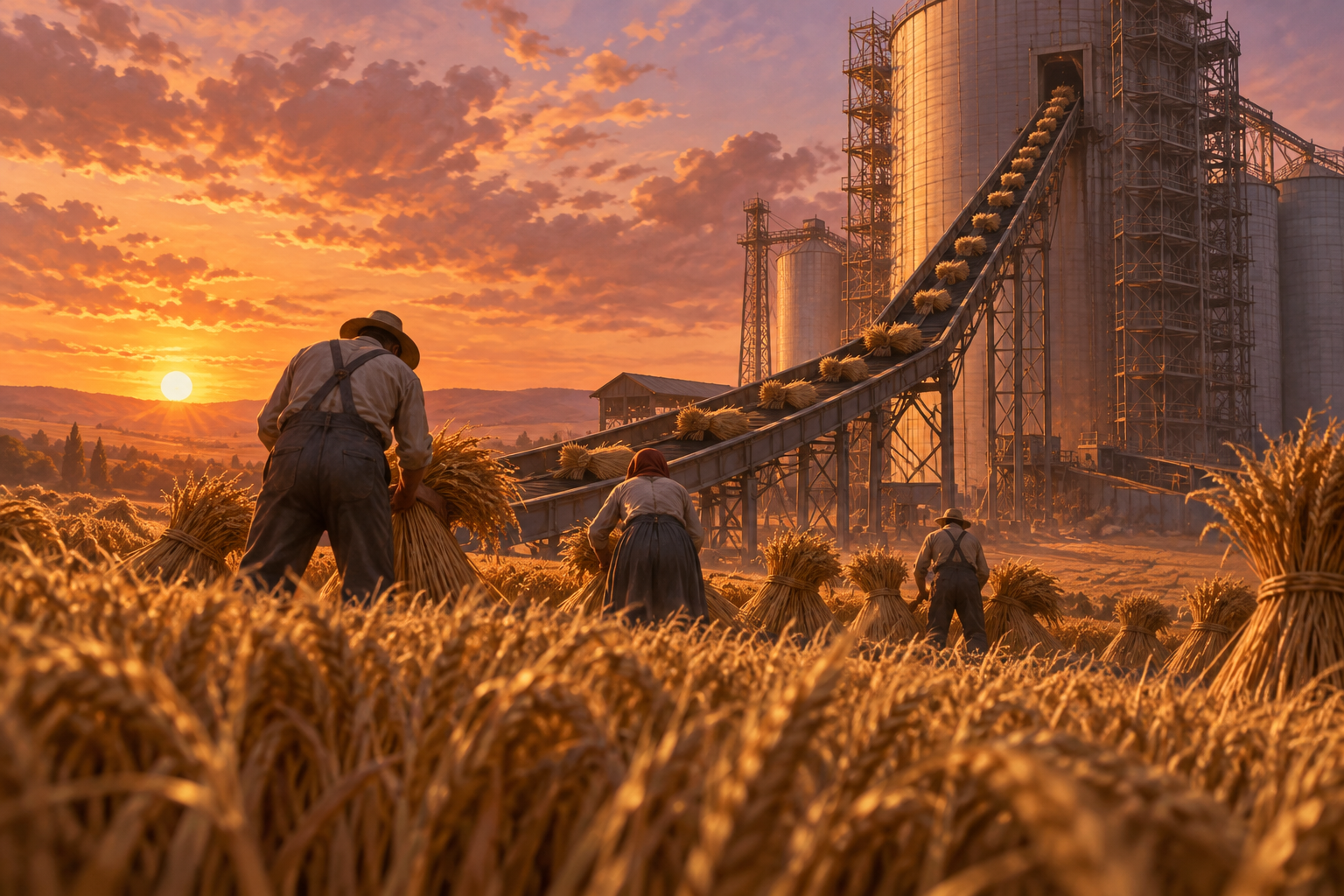 Farmhands bundle wheat onto a conveyor feeding a newly extended grain silo in a sunset field.