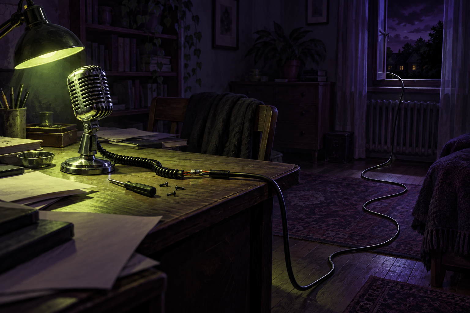 A vintage desk microphone whose cable is spliced to a second cable running out an open window at night.