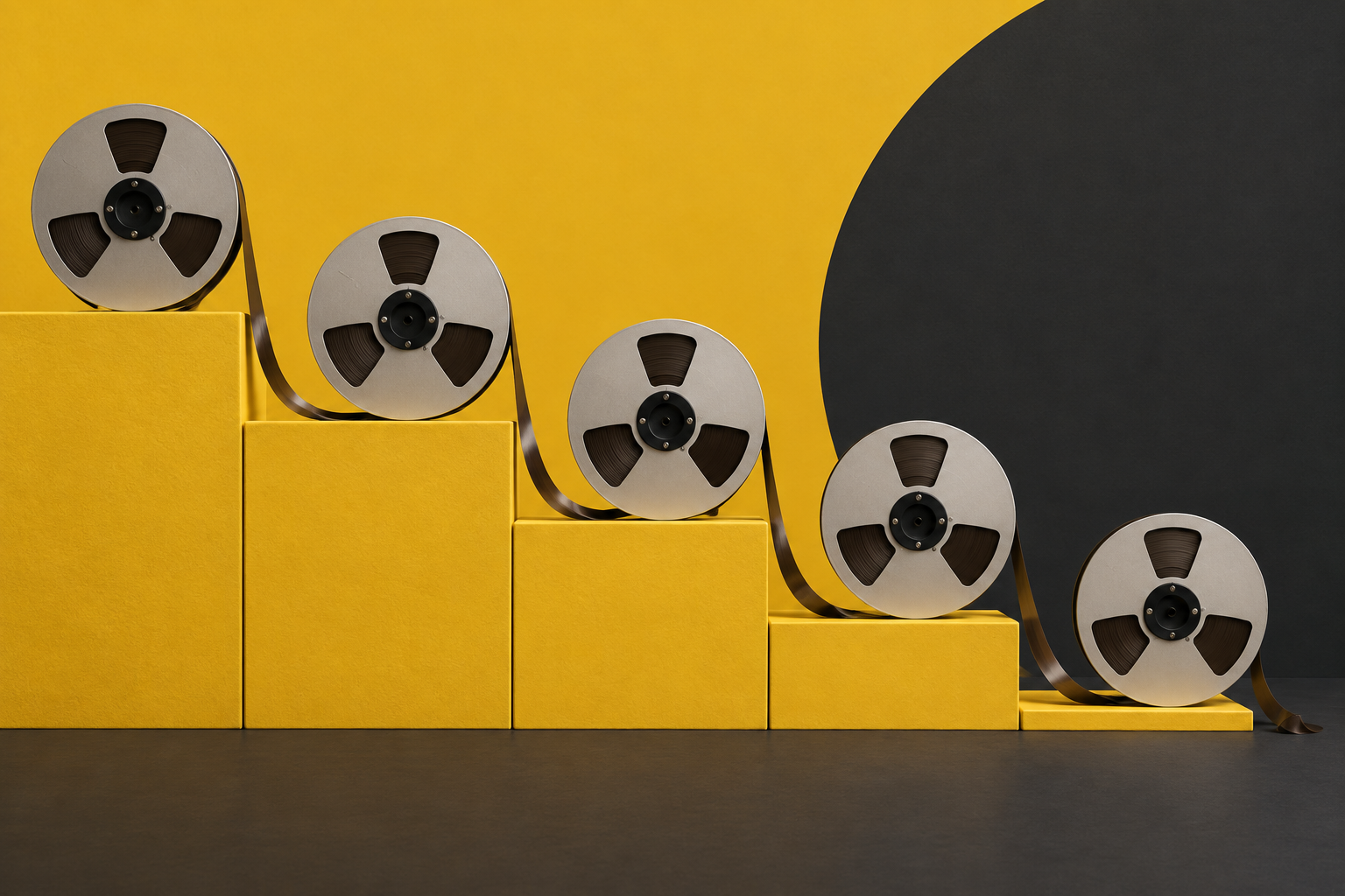 Five tape reels on a descending staircase of yellow blocks, with tape ribbons flowing down the steps.