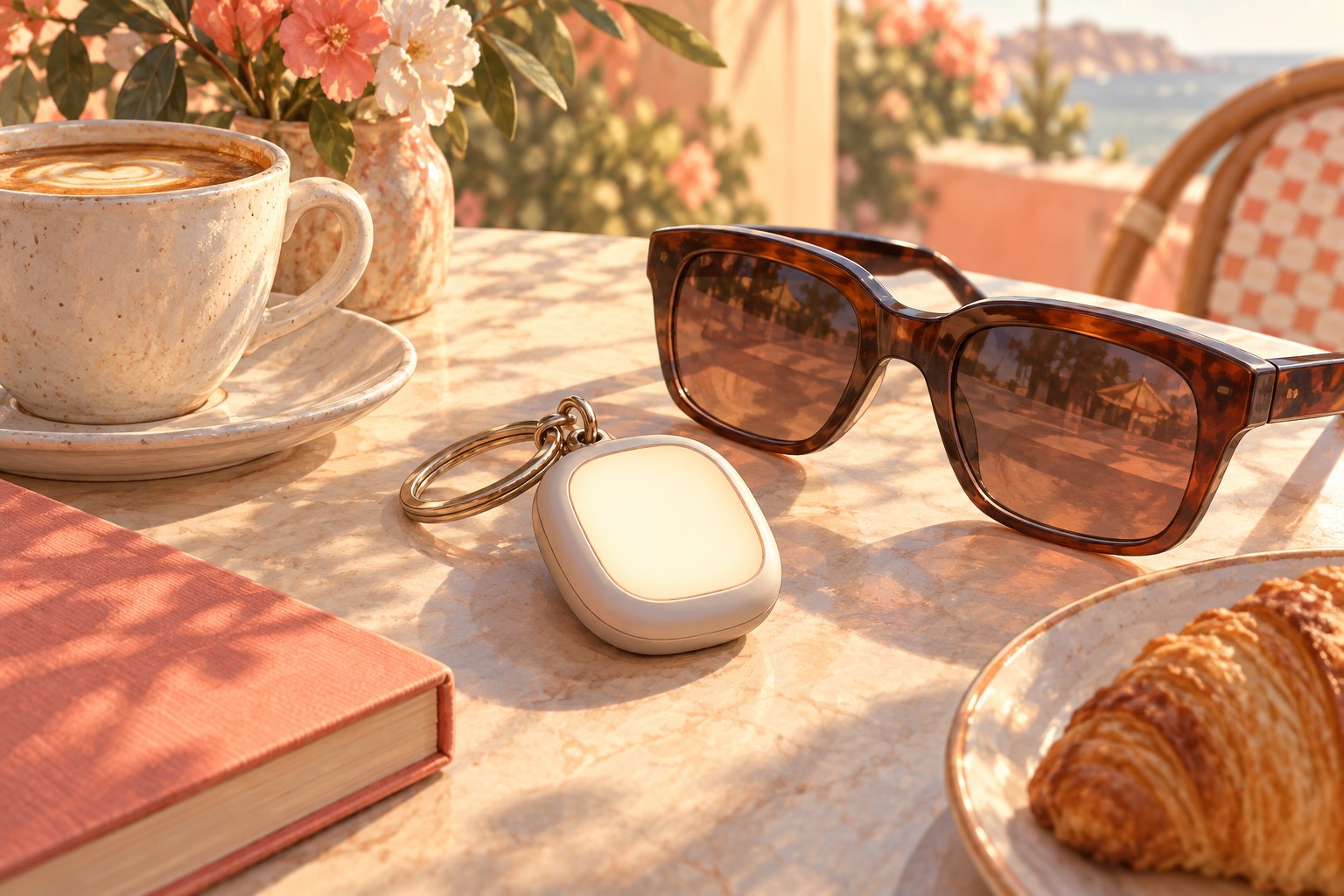 A small screened pendant on a key ring beside a pair of thick-framed sunglasses on a sunlit café table.