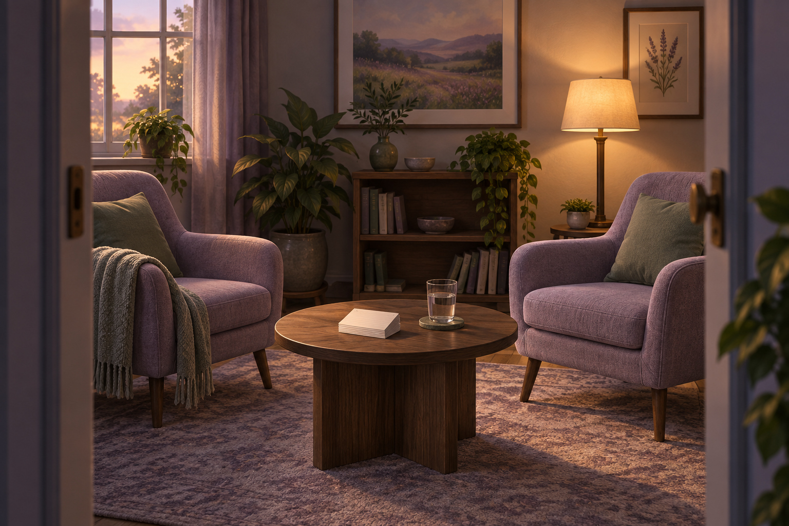 Two armchairs facing each other in a lamplit counselling room, with a stack of blank checklist cards on a low table.