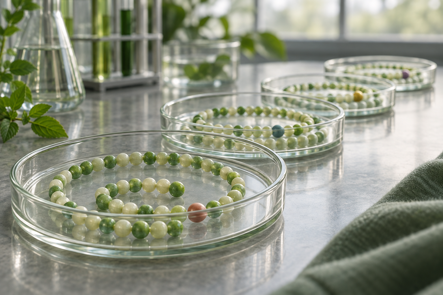 A row of petri dishes on a lab bench, each holding a coiled strand of evenly spaced beads.