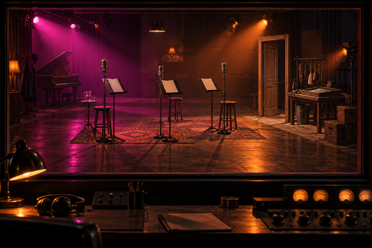 A vintage radio drama studio with three microphones and a sound-effects table, lit by magenta and orange stage lights.