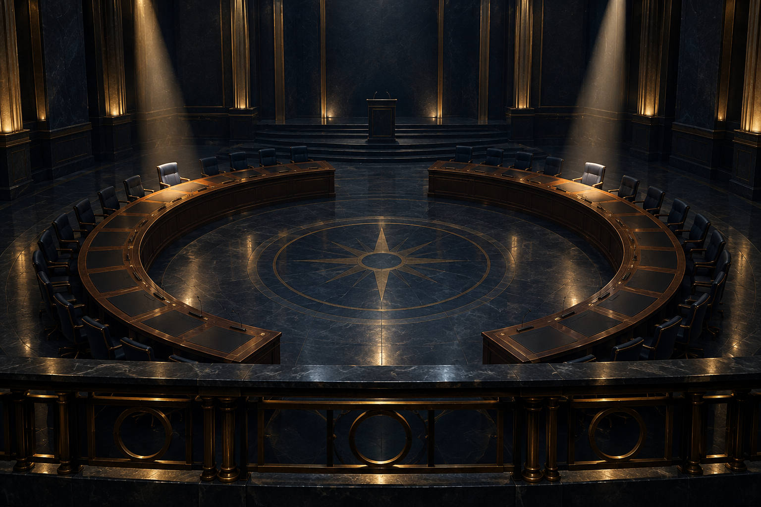 An empty horseshoe council table seen from a high balcony, with two chairs picked out by spotlights.