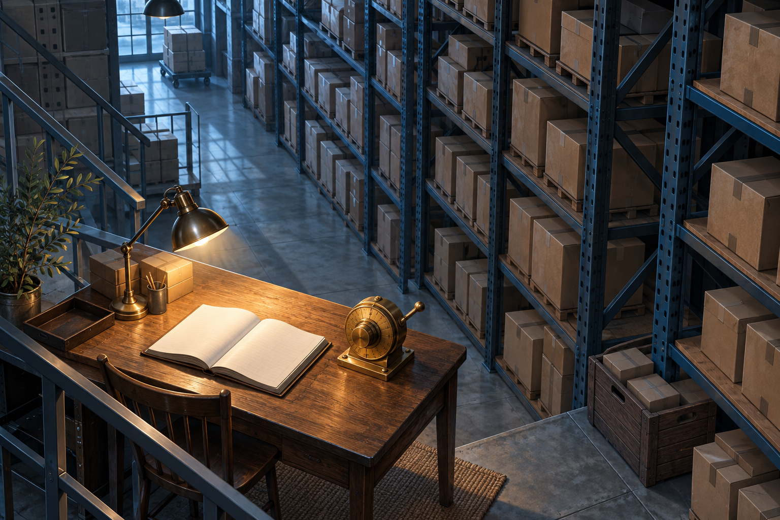 An isometric warehouse aisle of cardboard parcels, with a small desk holding a ledger, a brass dial and a lamp in the foreground.