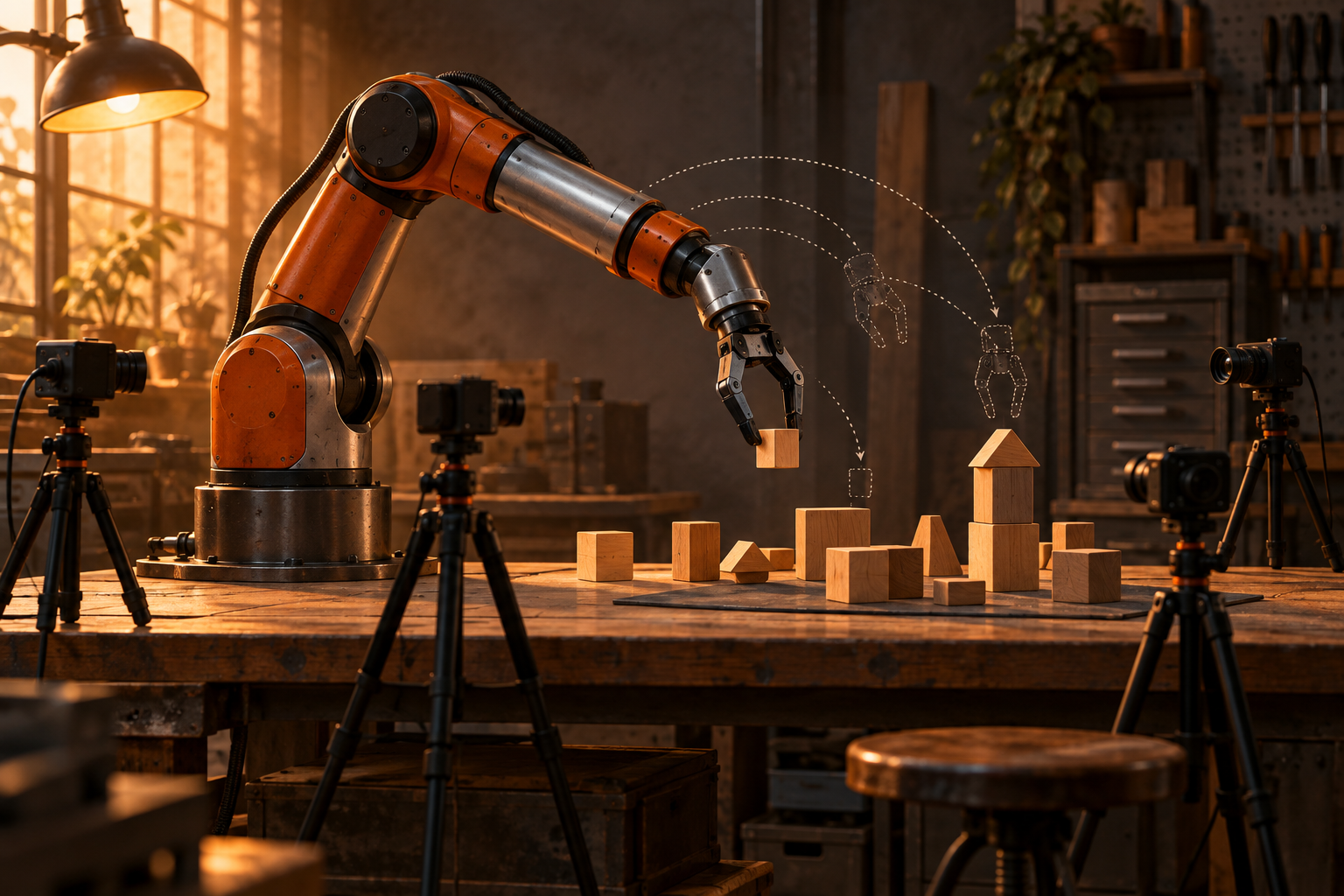 A robot arm reaches for wooden blocks on a workbench while four tripod cameras watch it from different angles.