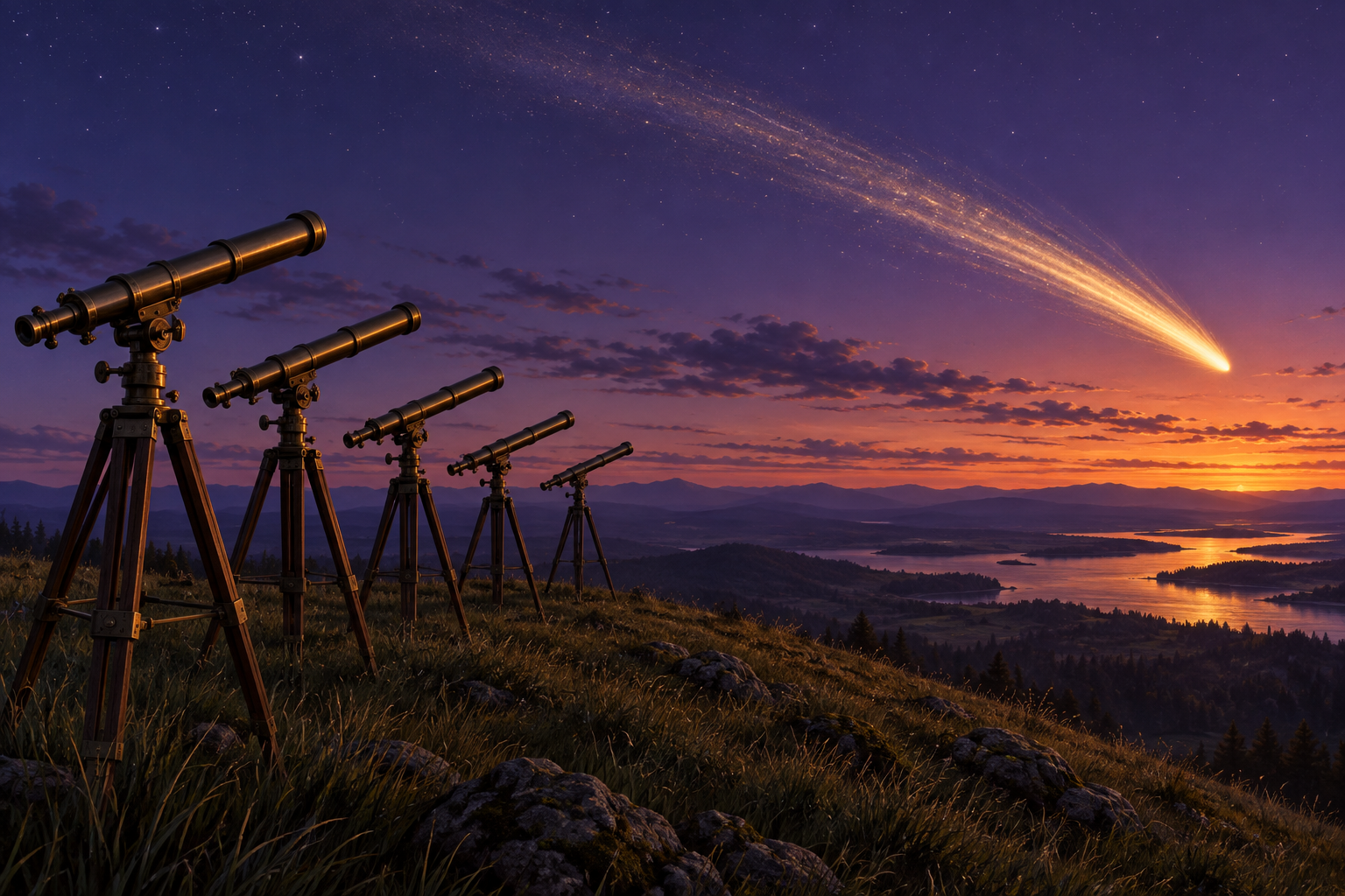 Brass telescopes on a hilltop point at empty sky while a comet has already passed far overhead at twilight.