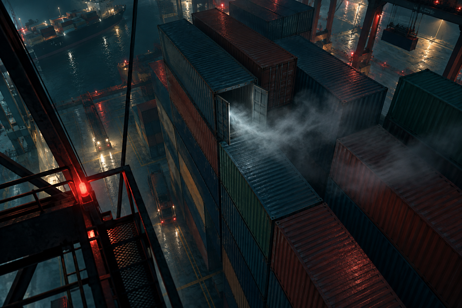 Seen from above at night, a pale vapor drifts out of one open shipping container in a port toward the containers beside it.