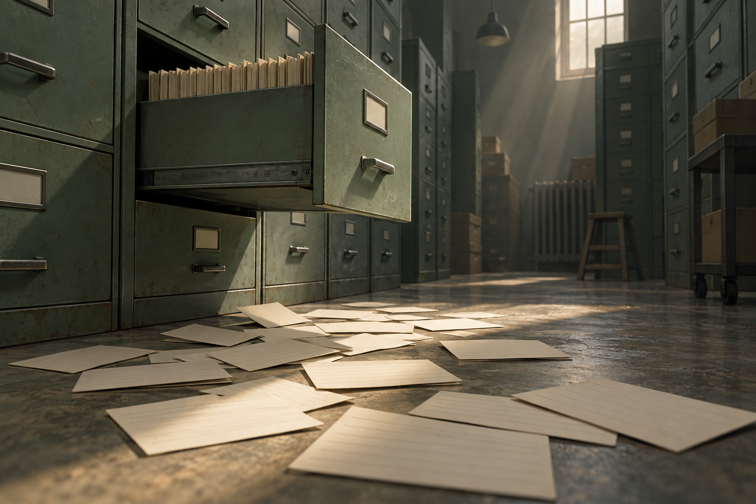 In a records room, one open filing drawer has spilled index cards onto the floor in a shaft of afternoon light.