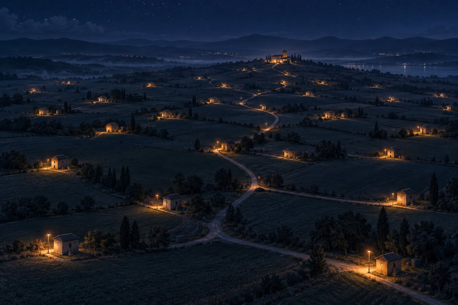 An aerial night view of many small lit huts across dark countryside, joined by roads leading to one larger building.