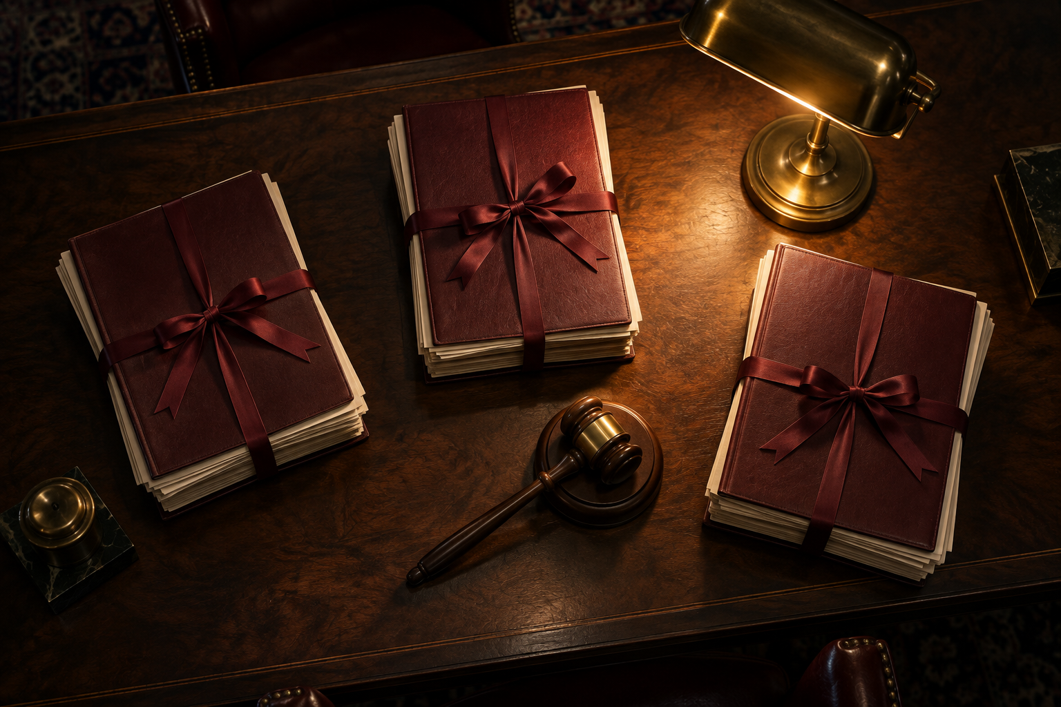 An overhead view of a wooden table with three stacks of bound documents and a gavel under a warm desk lamp.