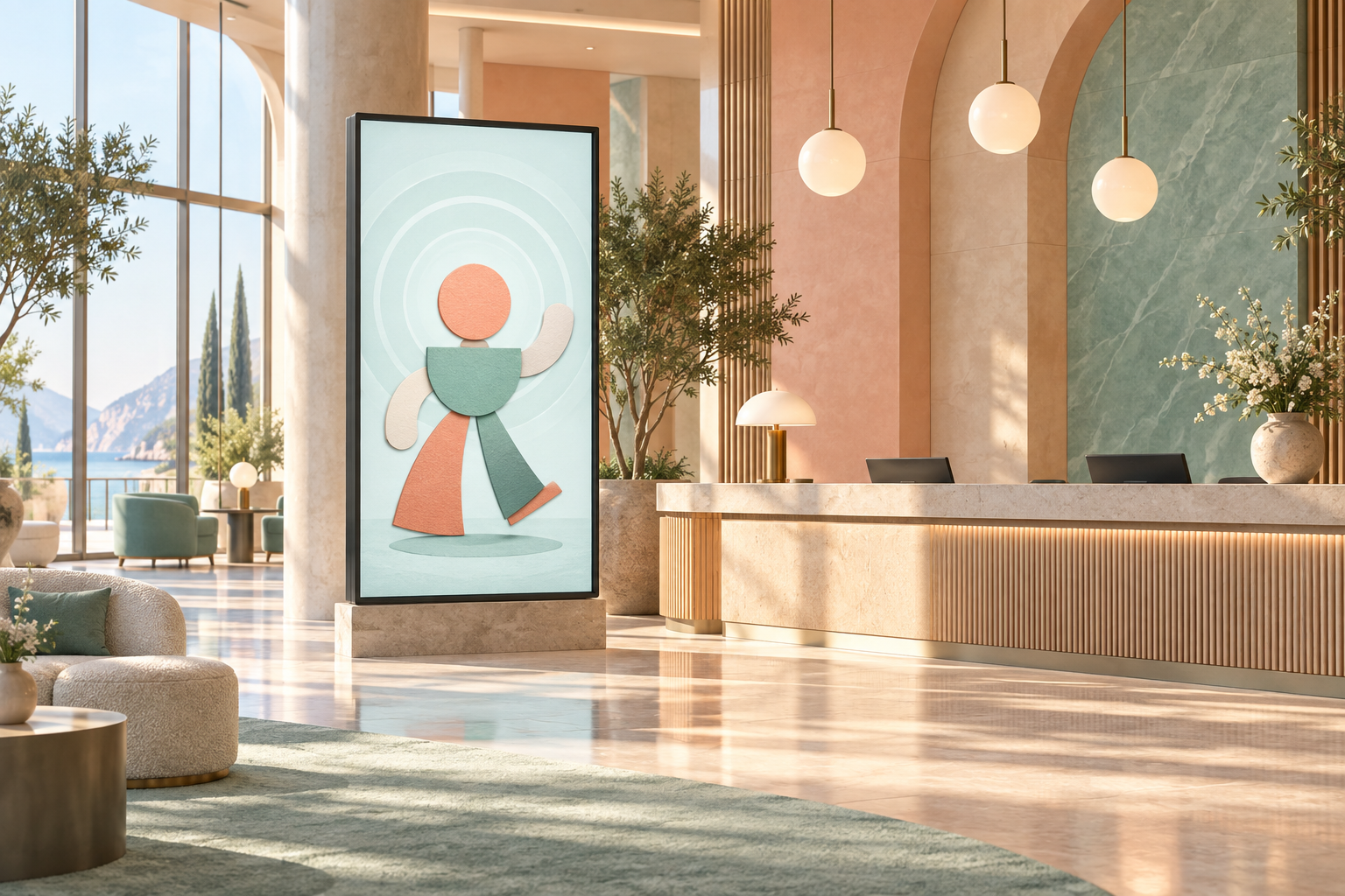 A lobby service screen shows an abstract paper-cutout character surrounded by soft sound ripples in daylight.
