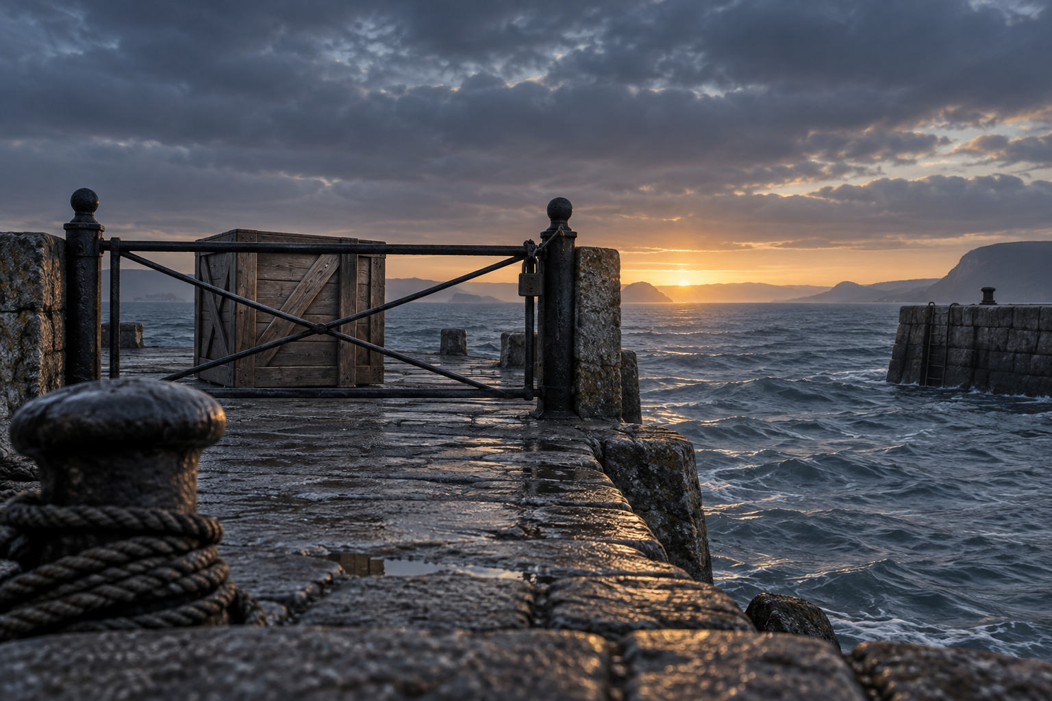A sealed crate waits behind a closed barrier on a pier at dawn, with an empty pier across the grey water.