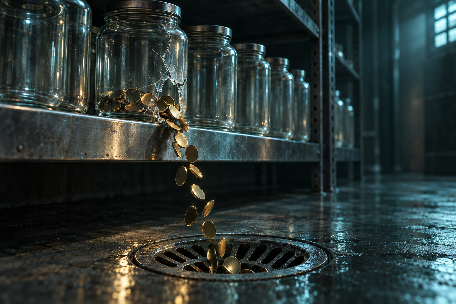 Coins pour from a cracked glass jar into a drain beside a row of empty jars.