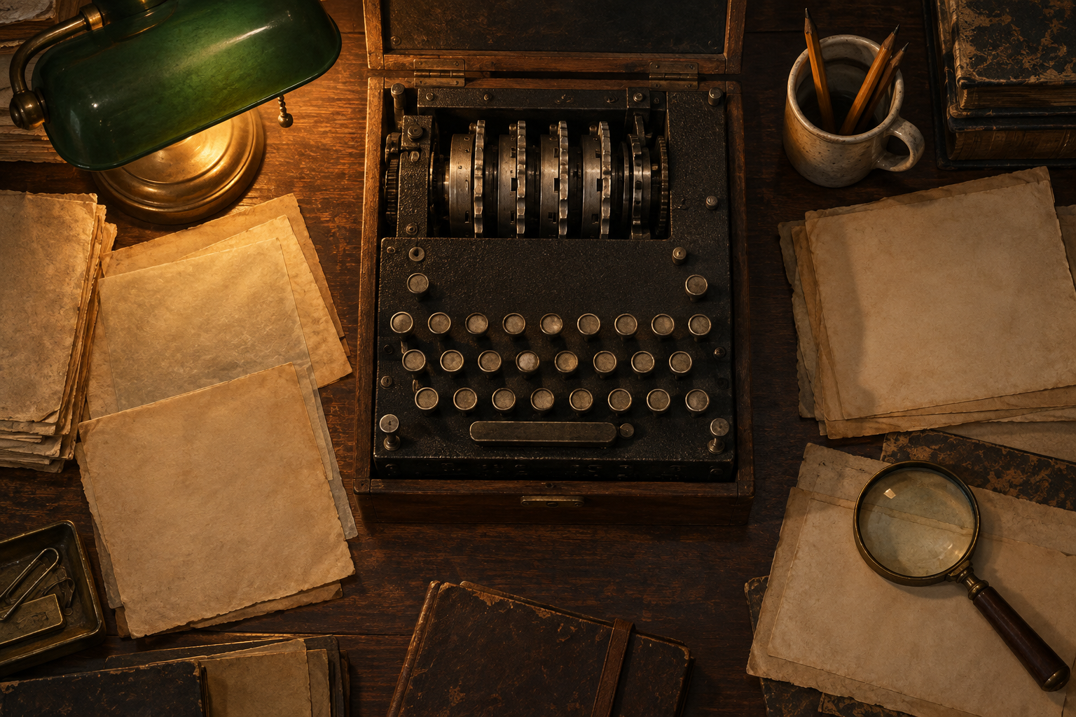 A vintage rotor cipher machine sits on a library desk among yellowed papers under a desk lamp.