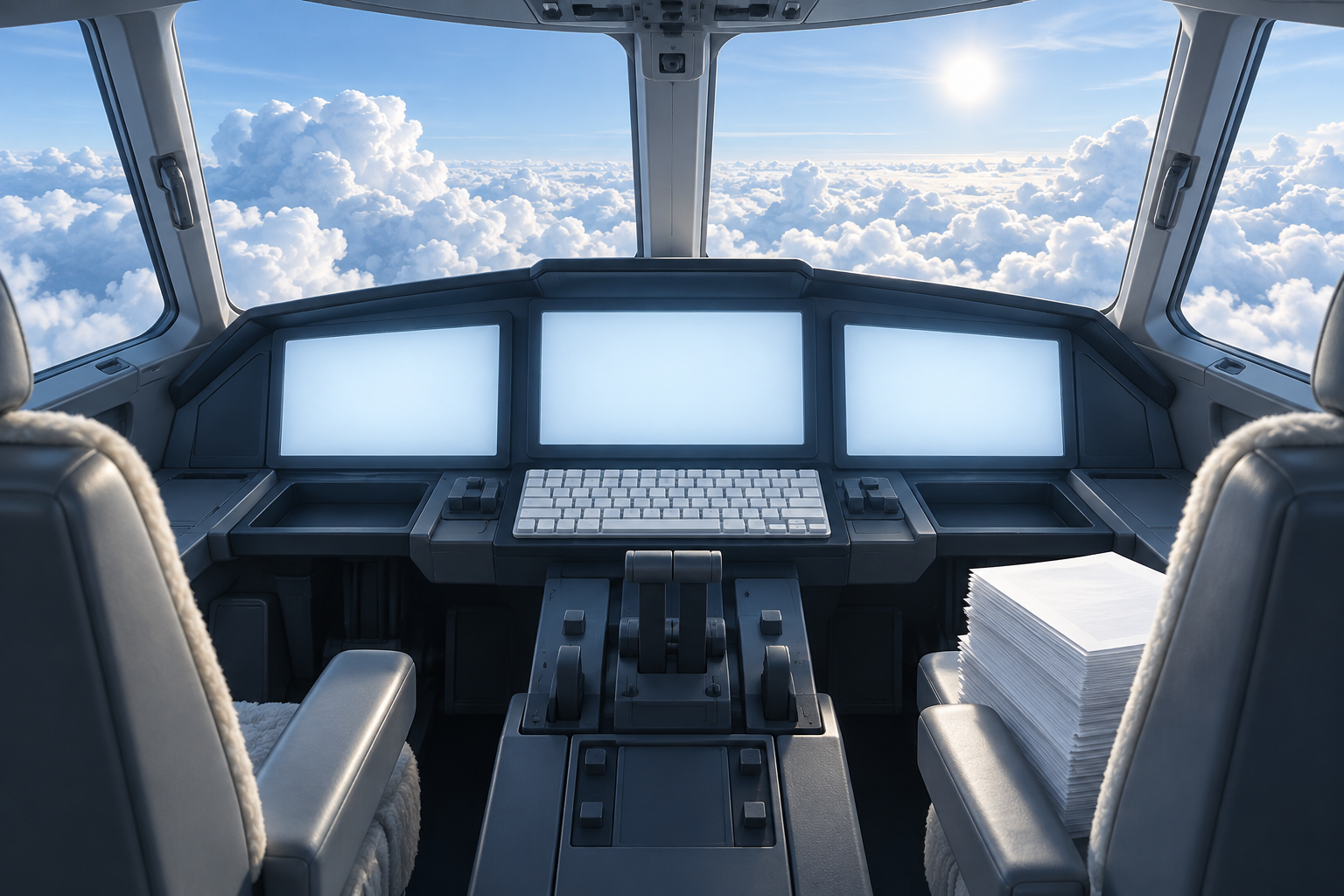 An airplane cockpit converted into an office desk with three blank screens and paperwork, clouds outside.