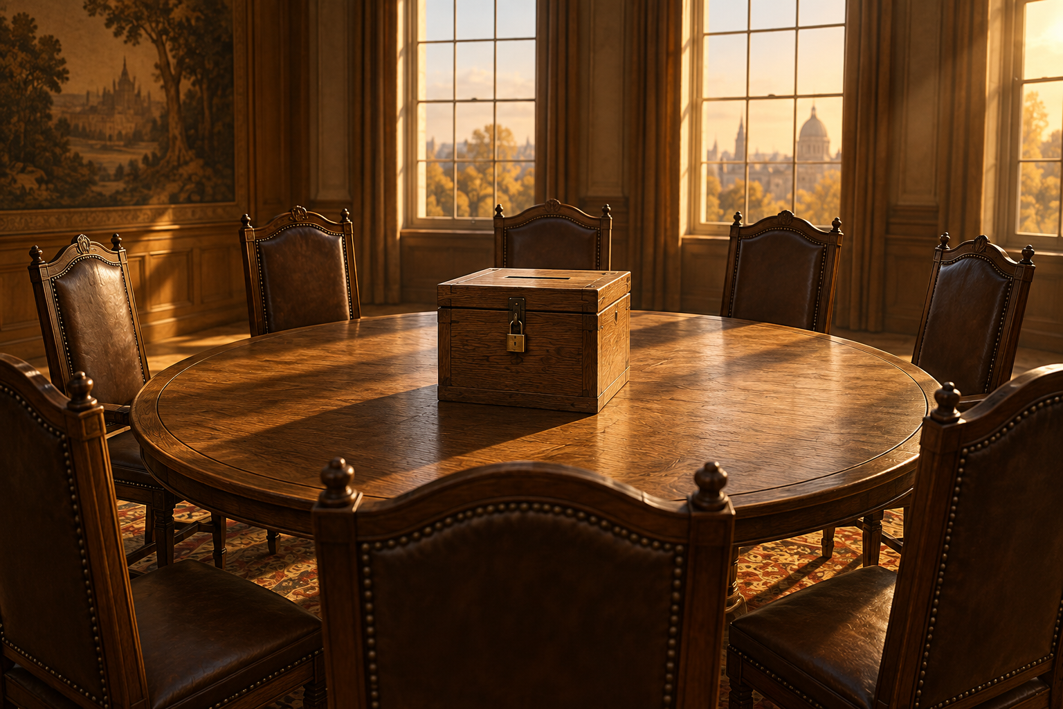 Seven empty chairs surround a round table holding a locked wooden ballot box in warm afternoon light.
