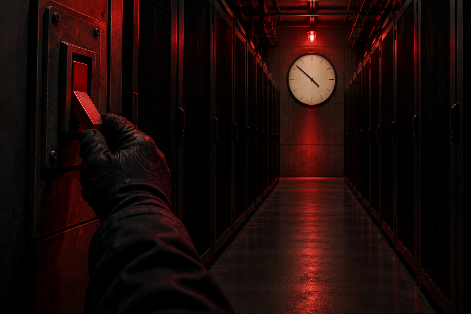 A gloved hand pulls a red breaker lever in a darkened server aisle beneath a large wall clock.