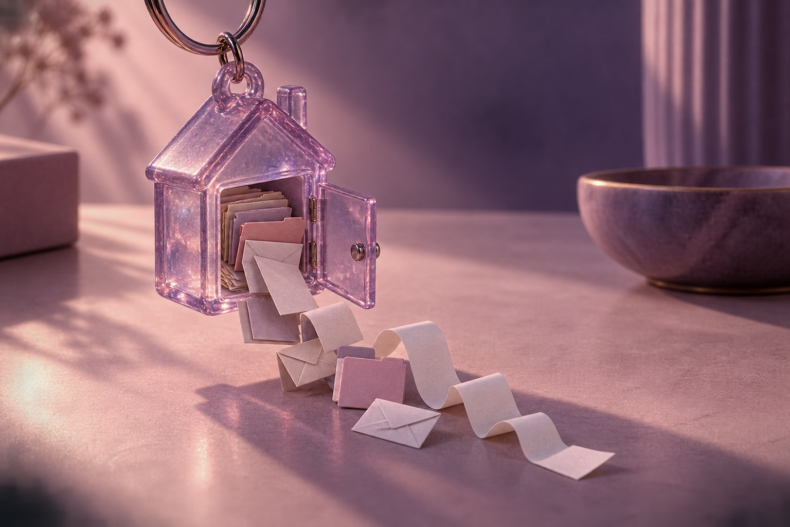 Tiny folders and envelopes spill from an open door in a translucent keychain charm.