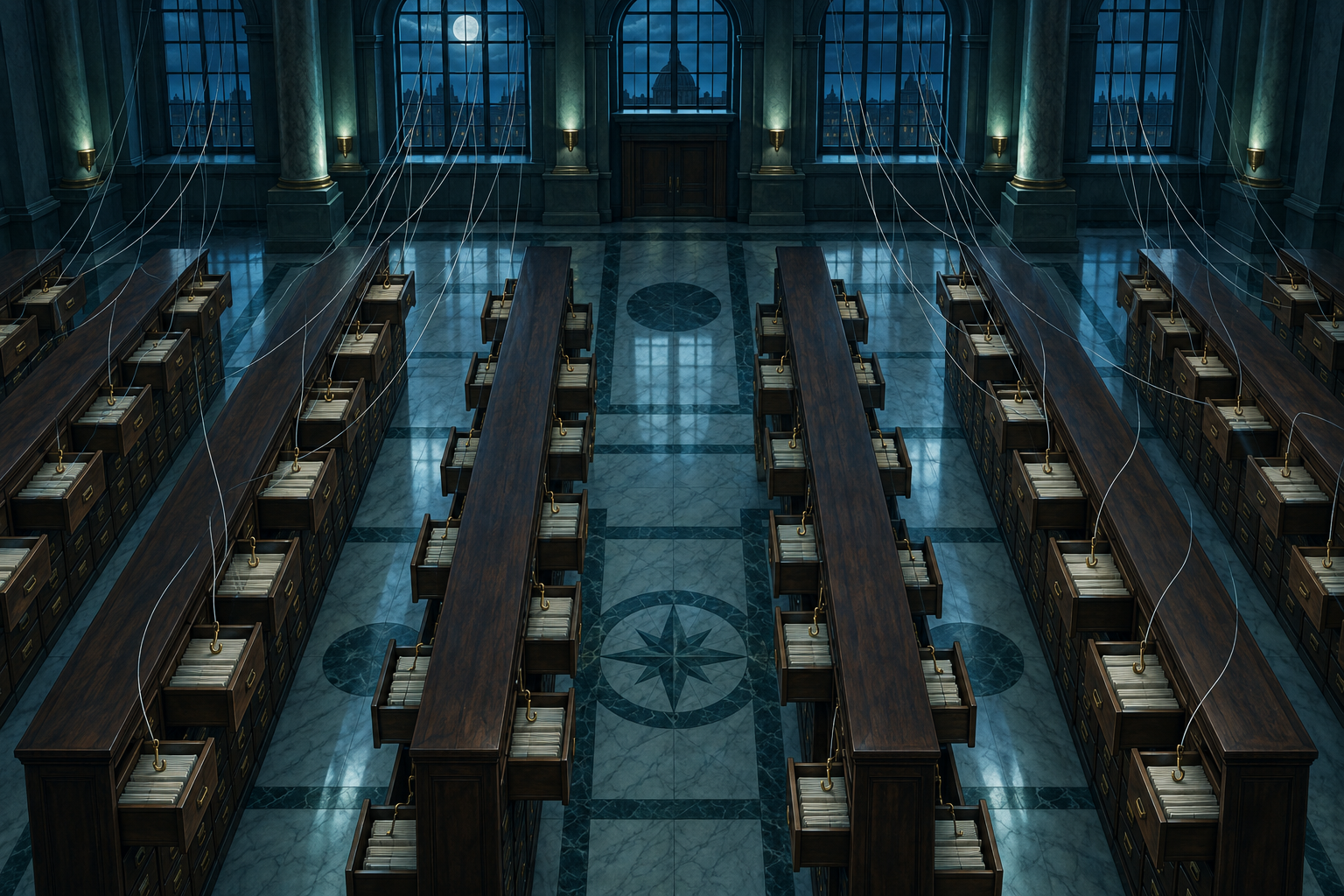 Silver threads reach through high windows into open filing drawers in a dim, marble-floored records hall.