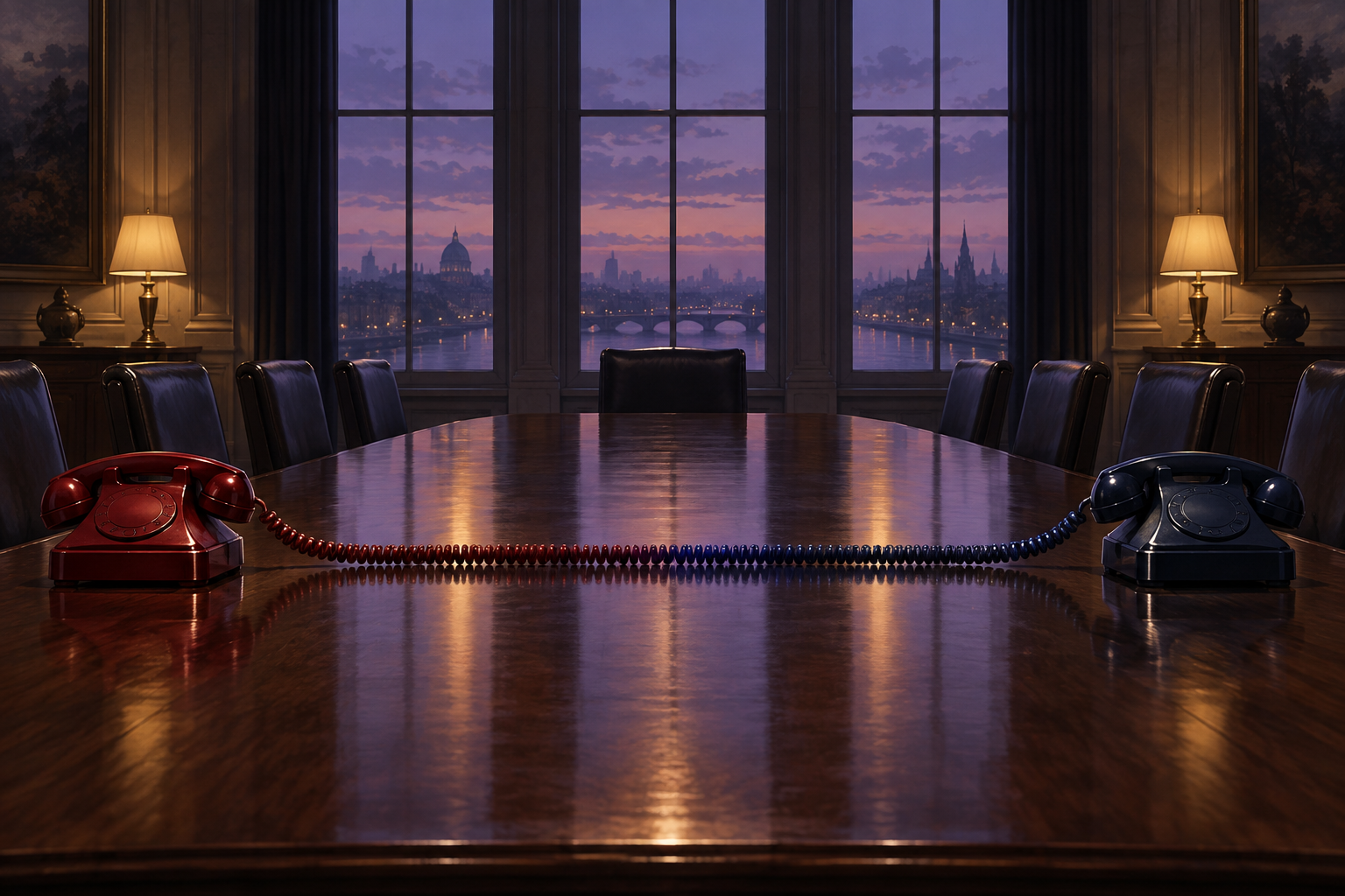 A red telephone and a blue telephone at opposite ends of a long table are linked by one cord.