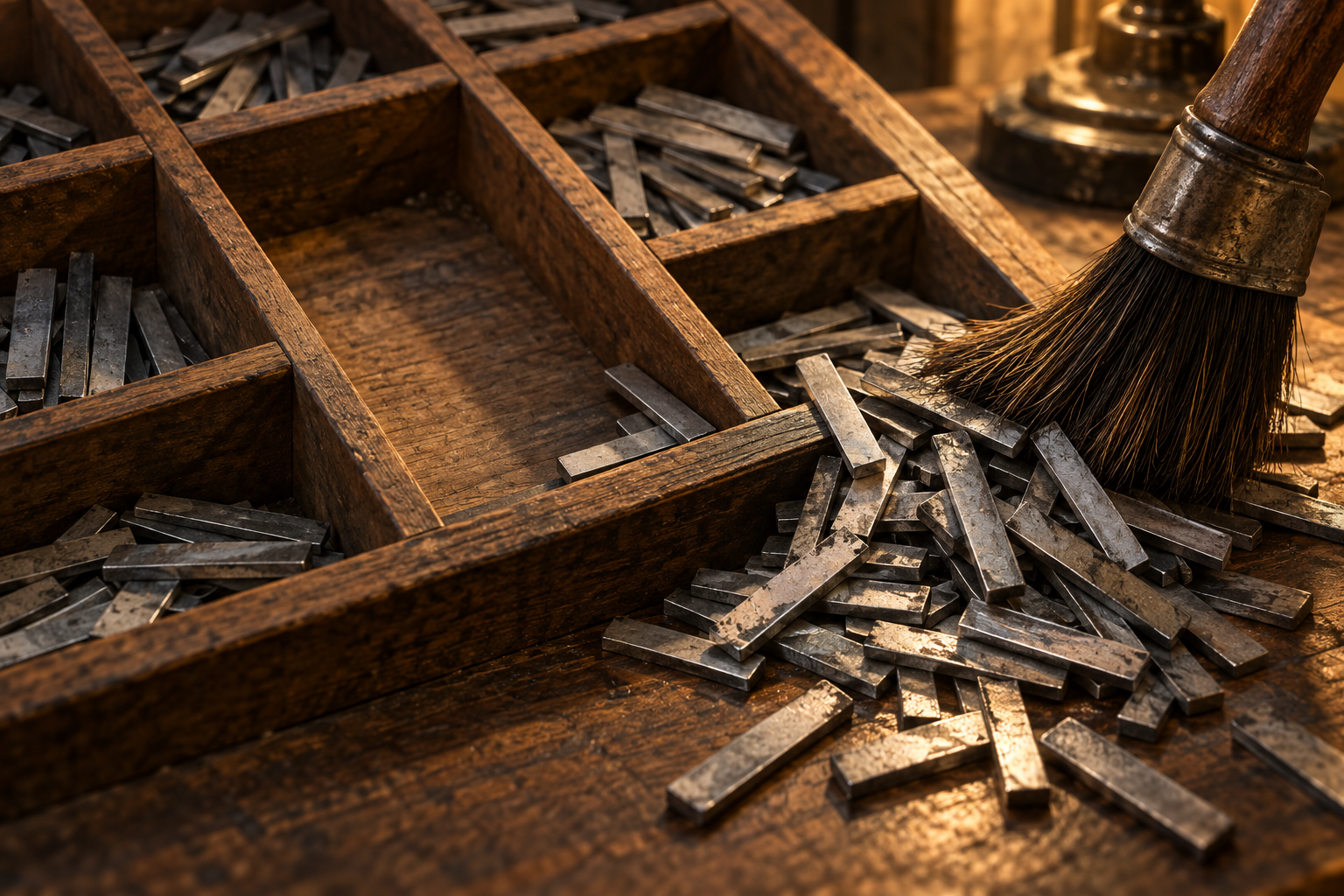 A brush sweeps long, blank metal type slugs out of a compartment in a wooden letterpress tray.