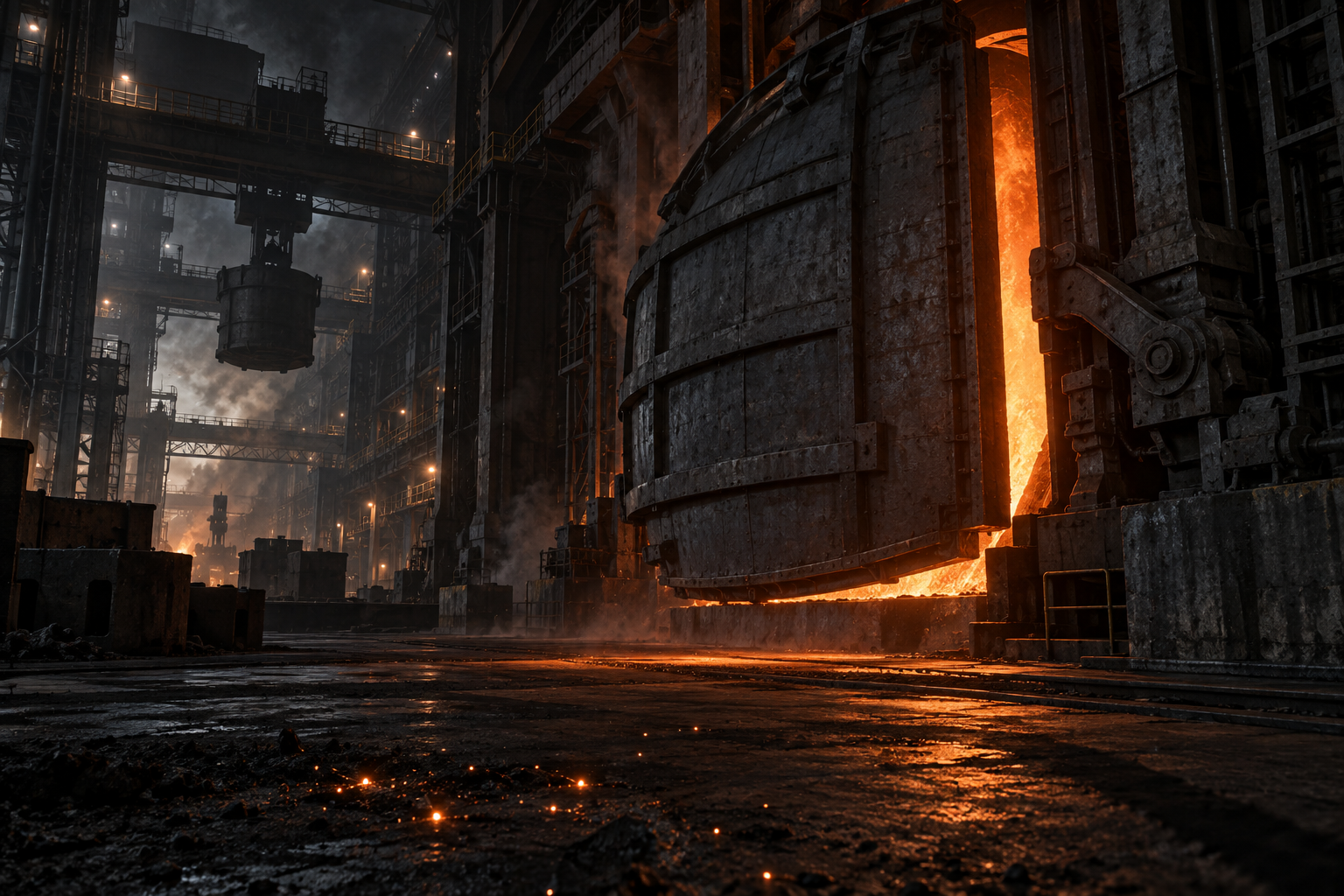 A heavy steel furnace door closes over a glowing crucible in a dark foundry as the last sparks fade.