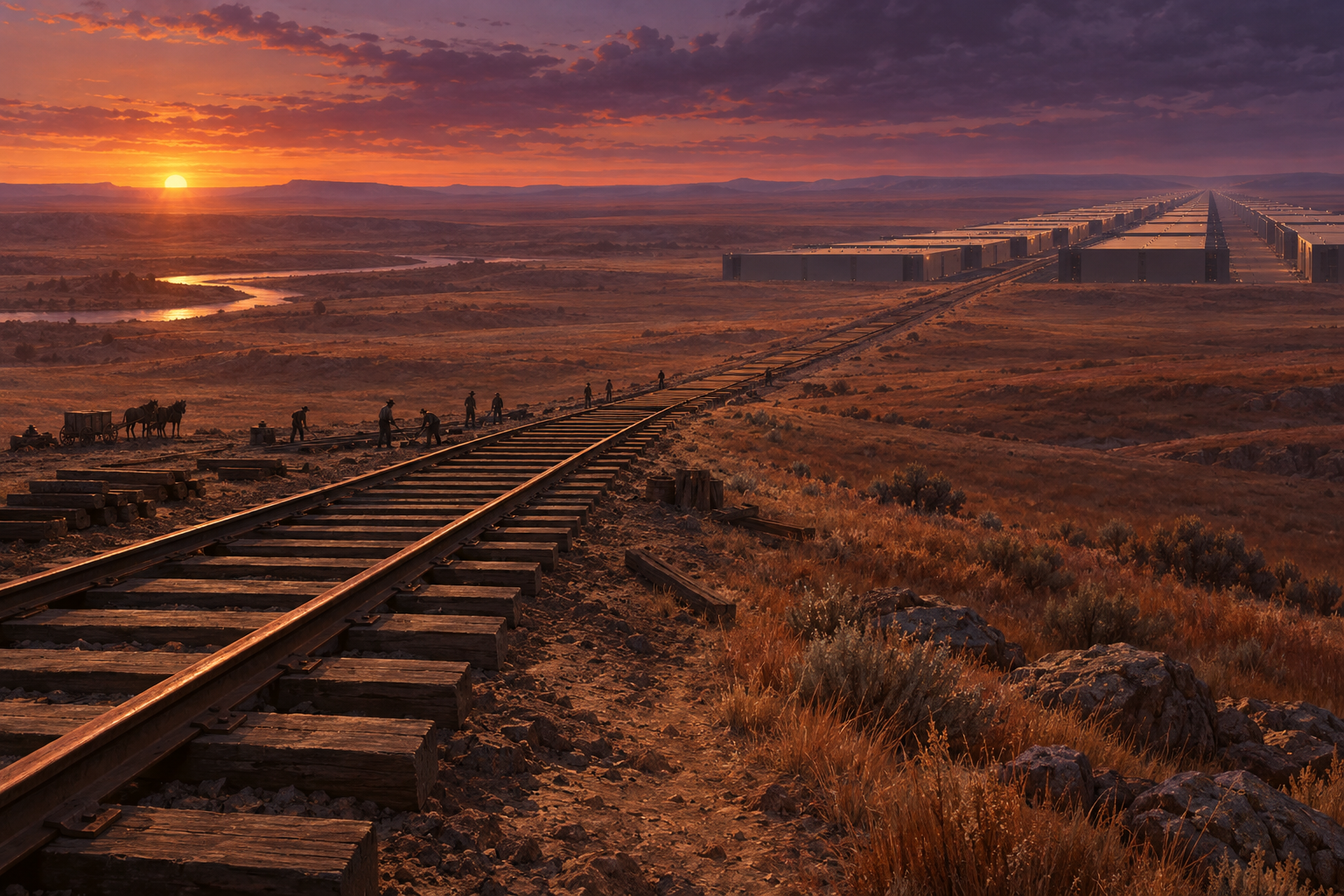 An aerial dusk view of a railroad track across a prairie that turns into rows of data halls on the horizon.