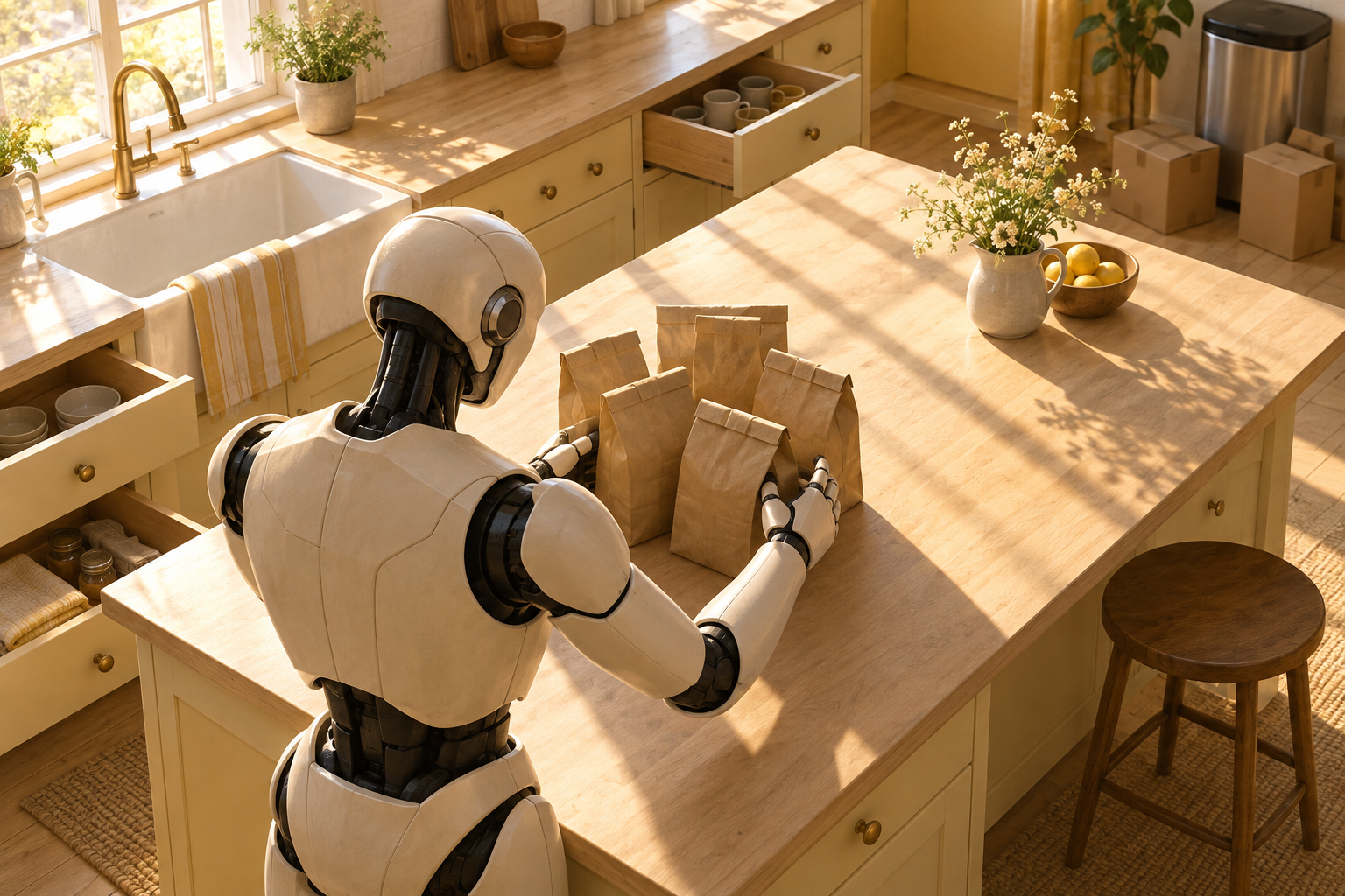 A humanoid robot seen from behind gathers coffee bags on a sunlit kitchen island near open drawers.