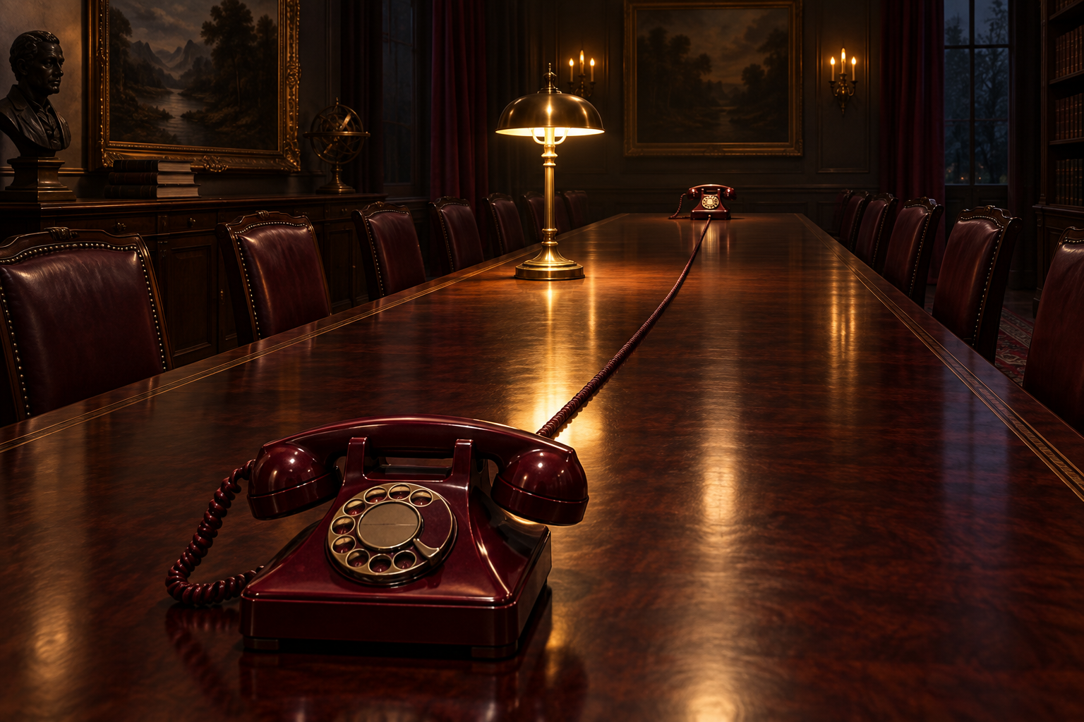Two corded telephones sit at opposite ends of a long mahogany table, joined by one cord under a brass lamp.