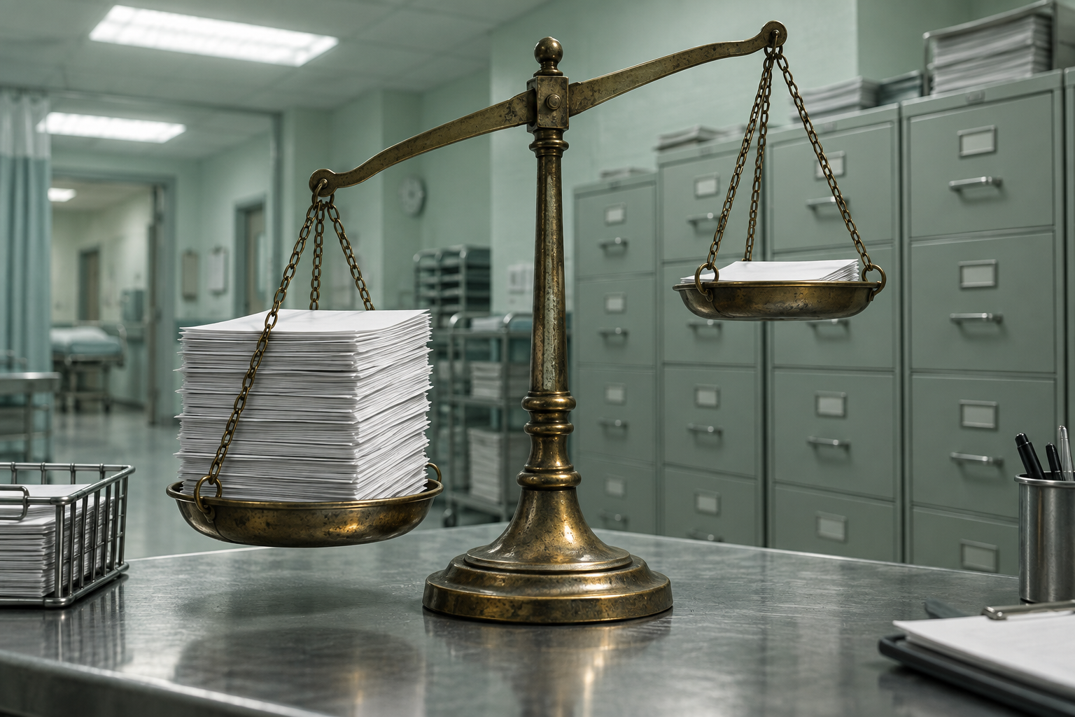 A brass balance scale tips under a tall stack of blank forms in a fluorescent-lit billing office.