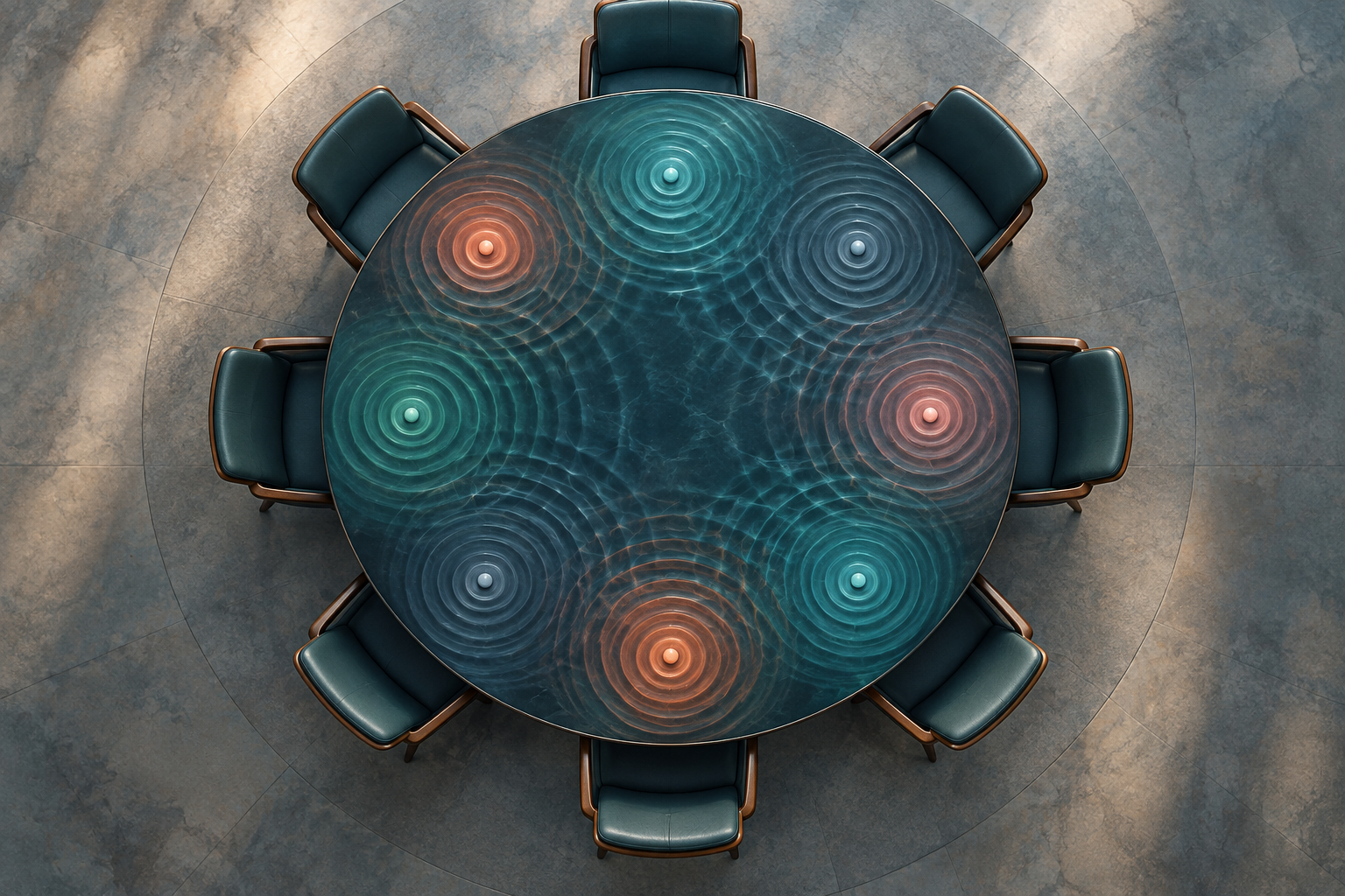 An overhead view of a round table with eight seats, each sending out coloured ripples that sometimes overlap.