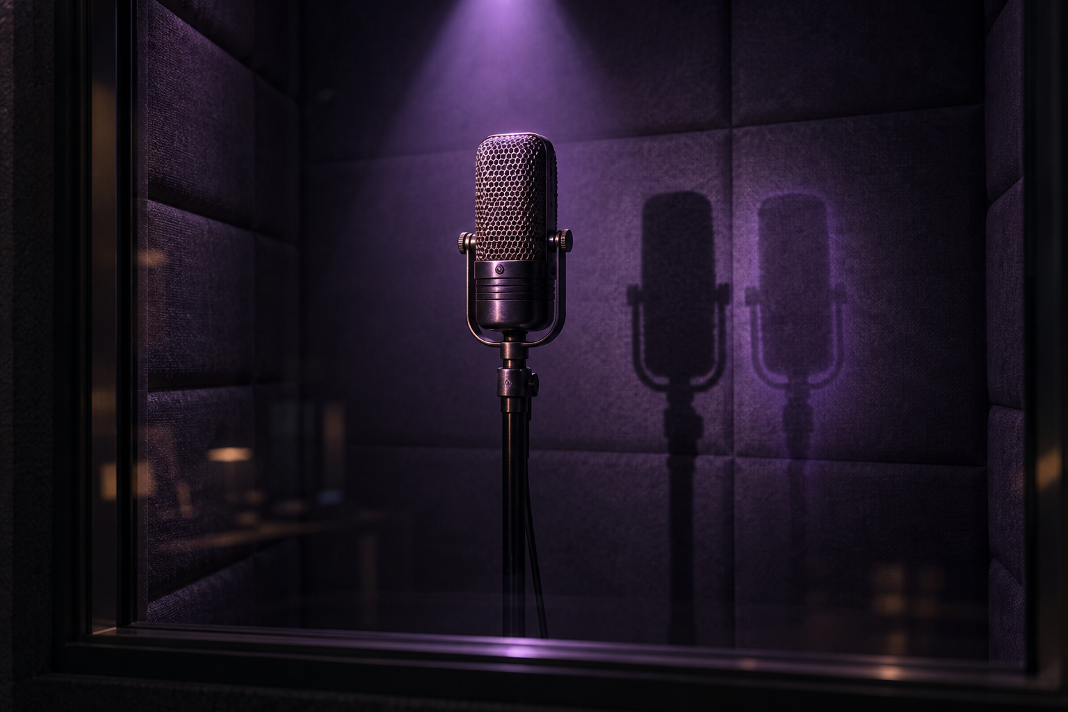 A vintage microphone in a dark recording booth casts a solid shadow and a faint, glowing duplicate.