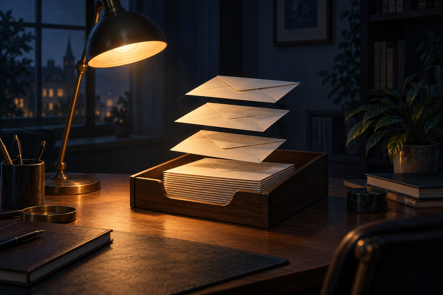 A lamp-lit desk at night with envelopes sorting themselves into an inbox tray.