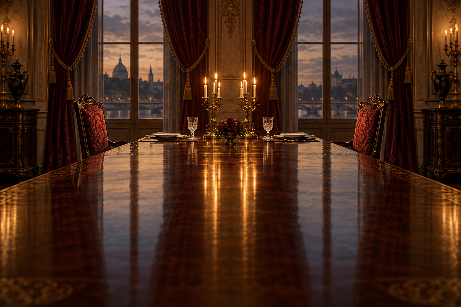 A long formal dining table set for two, with empty chairs facing each other in candlelight.