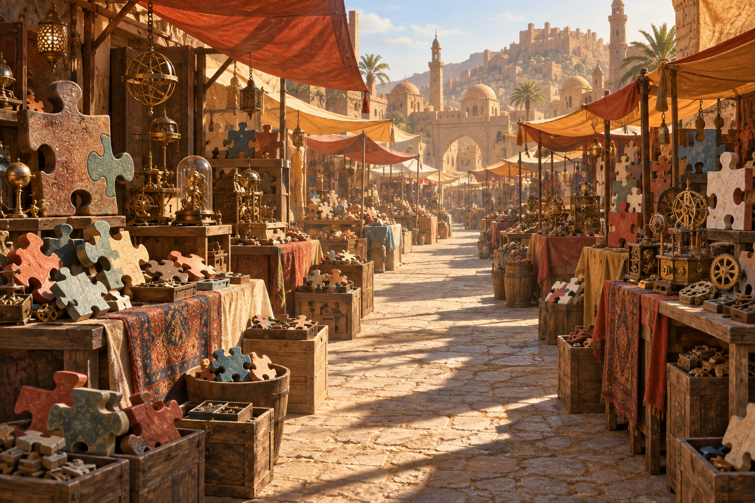 An open-air bazaar of canopied stalls selling interlocking puzzle pieces and small gadgets.