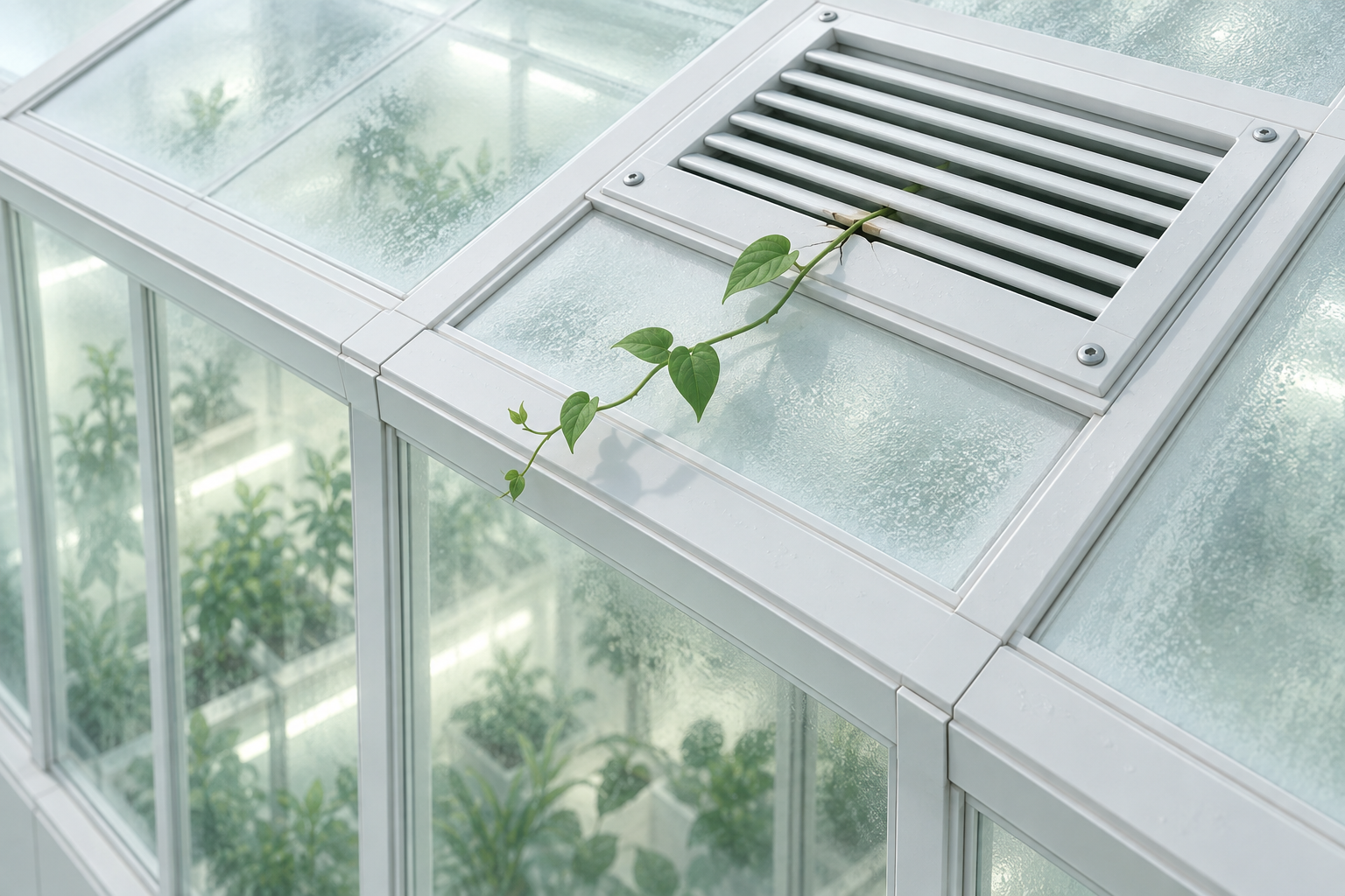 A sealed white greenhouse seen from above, with one green vine escaping through a small crack in a vent.