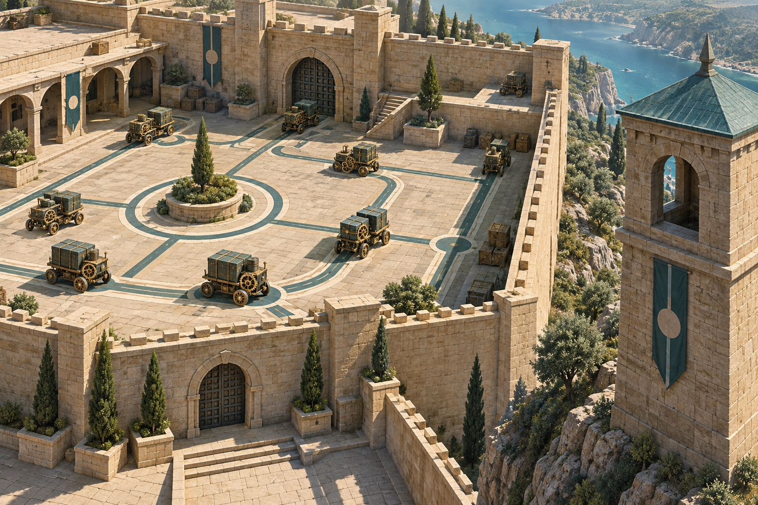 A walled courtyard of clockwork carts watched over by a separate stone tower outside the wall.