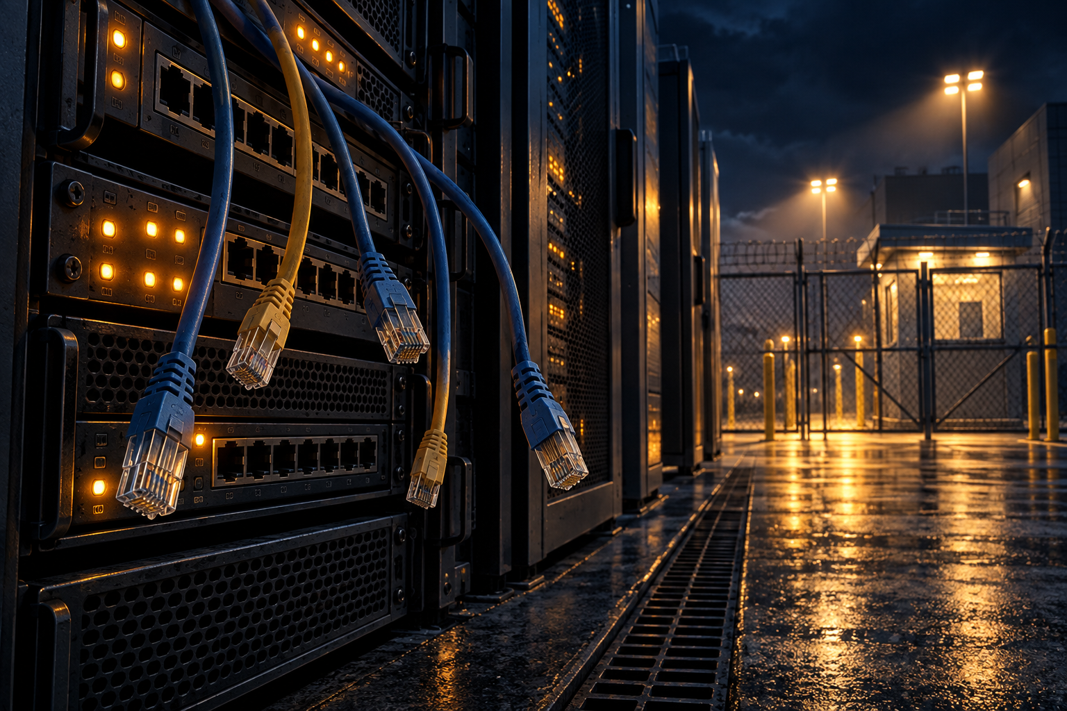 Network appliances at a data center perimeter at night, with unplugged cables and amber warning lights.