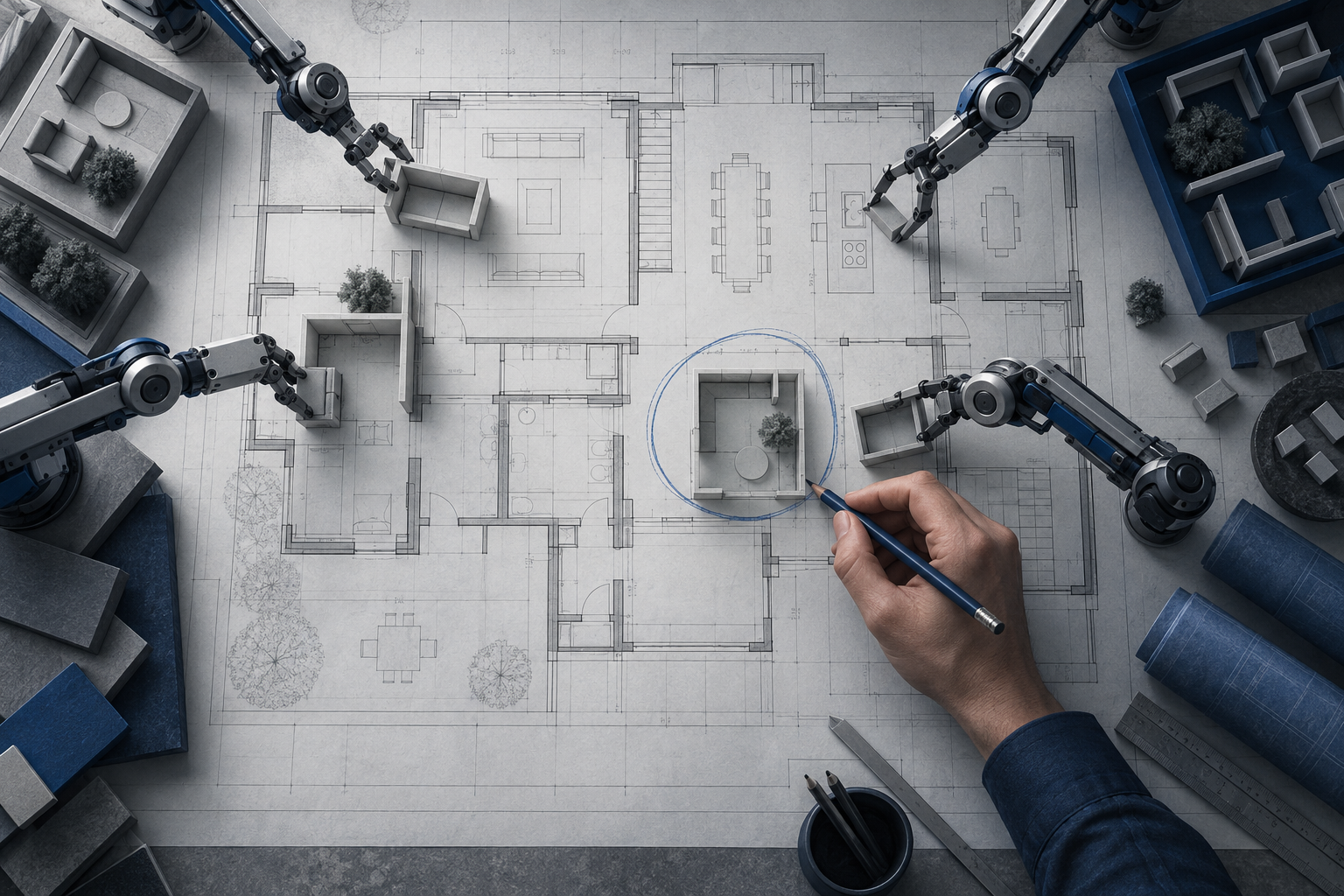 Small mechanical arms assembling parts on a blueprint while a human hand marks a decision with a pencil.