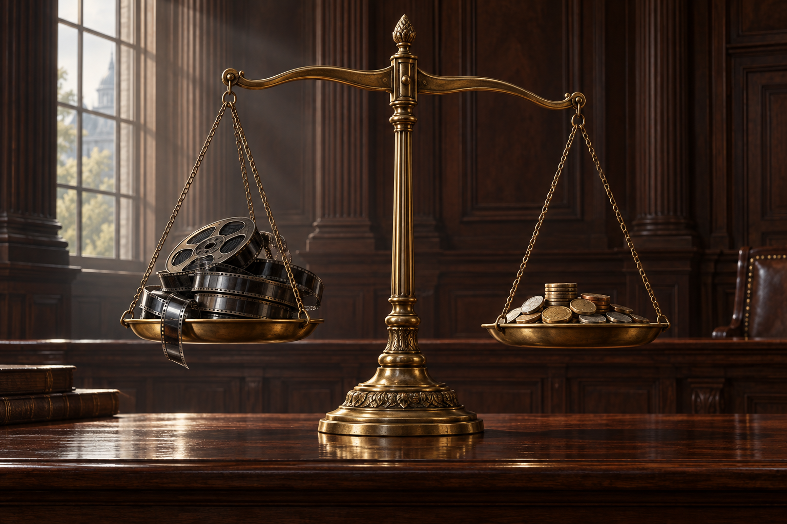A brass balance scale weighing film reels against coins and tokens on a wooden bench.