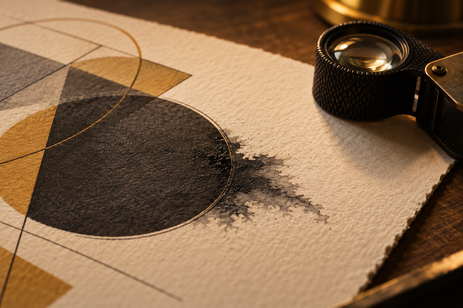 Close-up of a geometric drawing on paper with ink leaking past one shape's border, next to a jeweler's loupe.