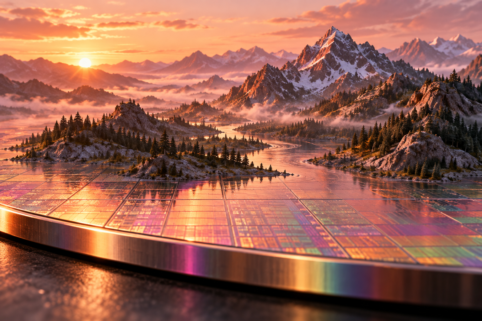 A miniature mountain landscape rises from the surface of a silicon wafer at dawn.