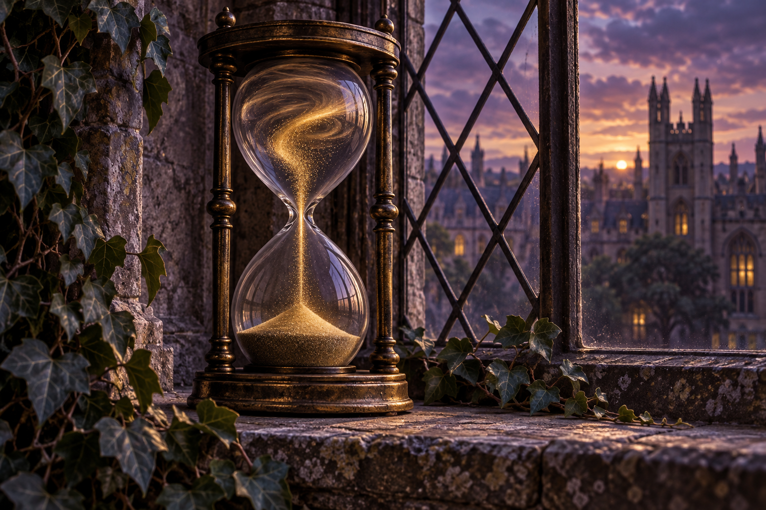 An hourglass on a stone window ledge at dusk, its sand rushing upward.