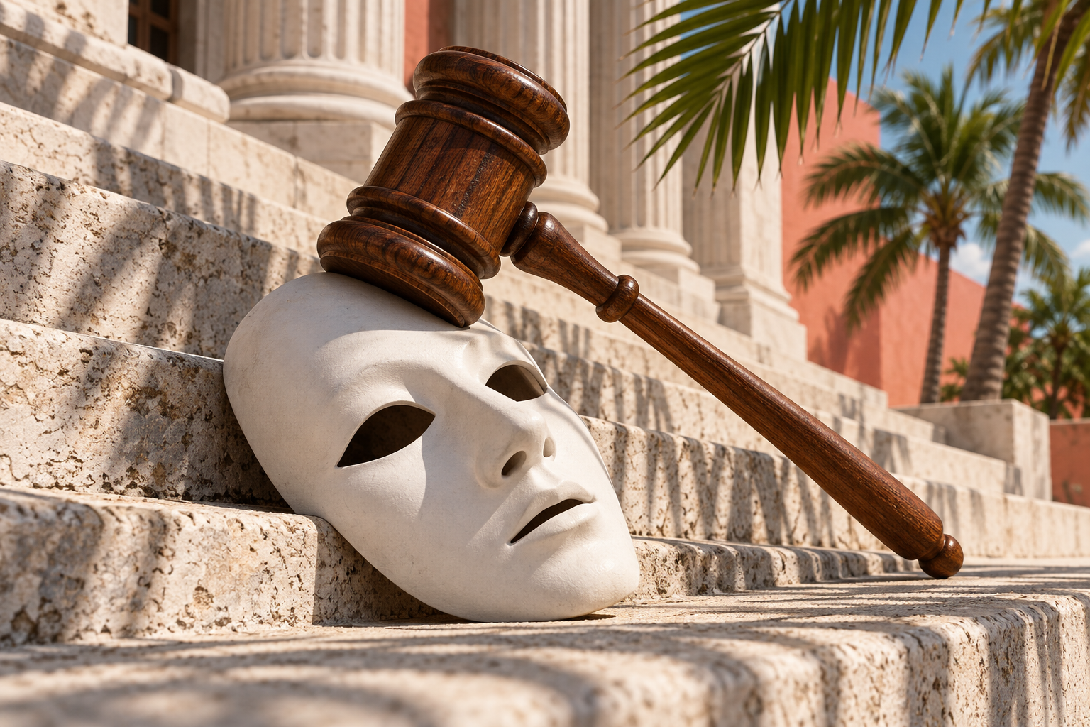 A gavel rests on a blank theater mask on sunlit courthouse steps under palm-frond shadows.