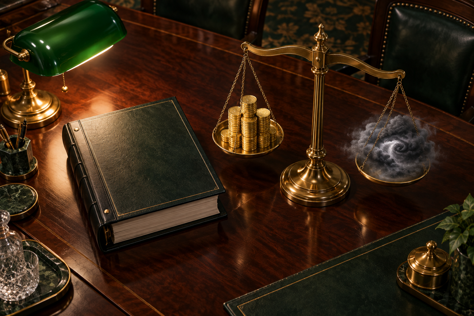 A thick binder on a boardroom table beside a balance scale weighing gold coins against a small storm cloud.